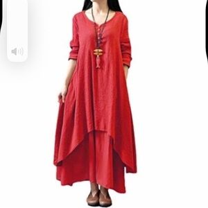 Anself Langenlook Layered Oversized LS V-Neck Crinkle Maxi Dress Beach Dress
